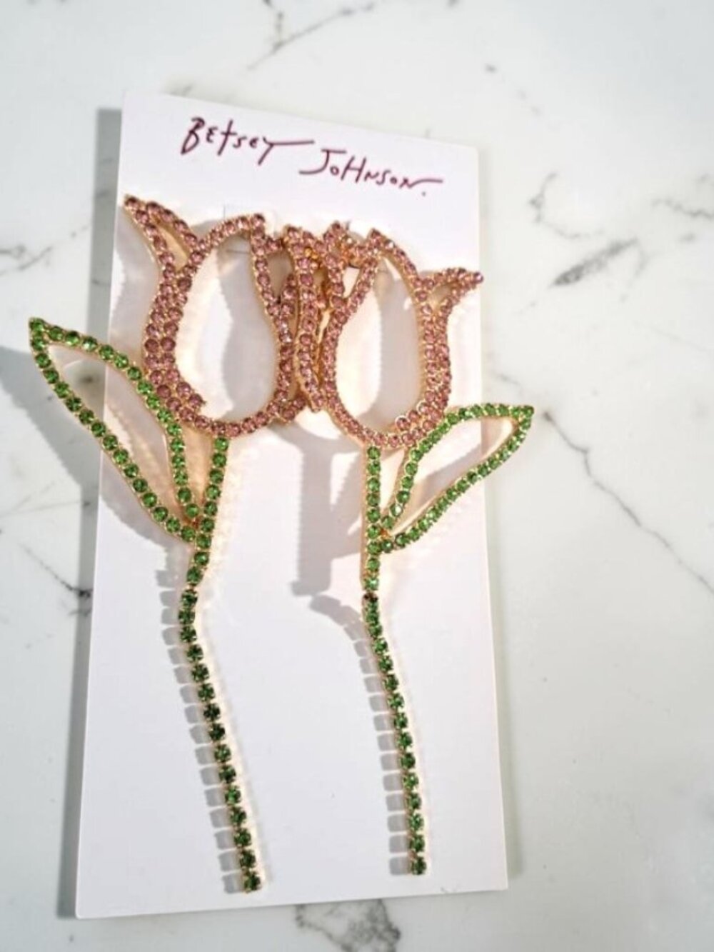 Betsey Johnson Pink & Green Rhinestone Tulip Earrings NWT